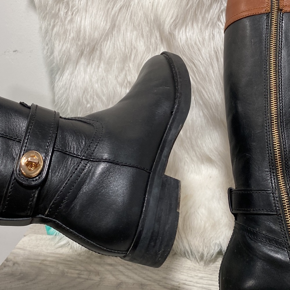 COACH EVA Black Brown Calf Leather Tall Boots 6.5 B Zip Classy 2-tone - Picture 9 of 13